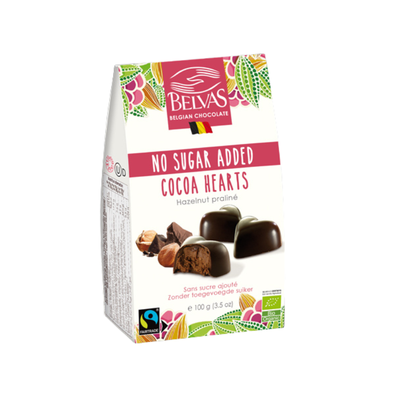 Coeurs cacao sans sucre ajouté à l’inuline 100g - Belvas